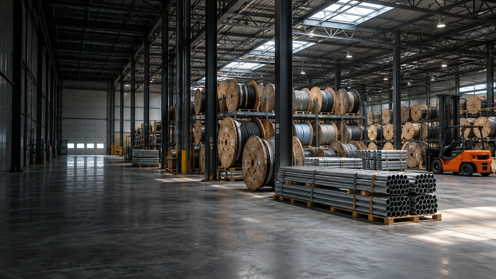 Cable reels, steel conduit, and a forklift inside an industrial warehouse